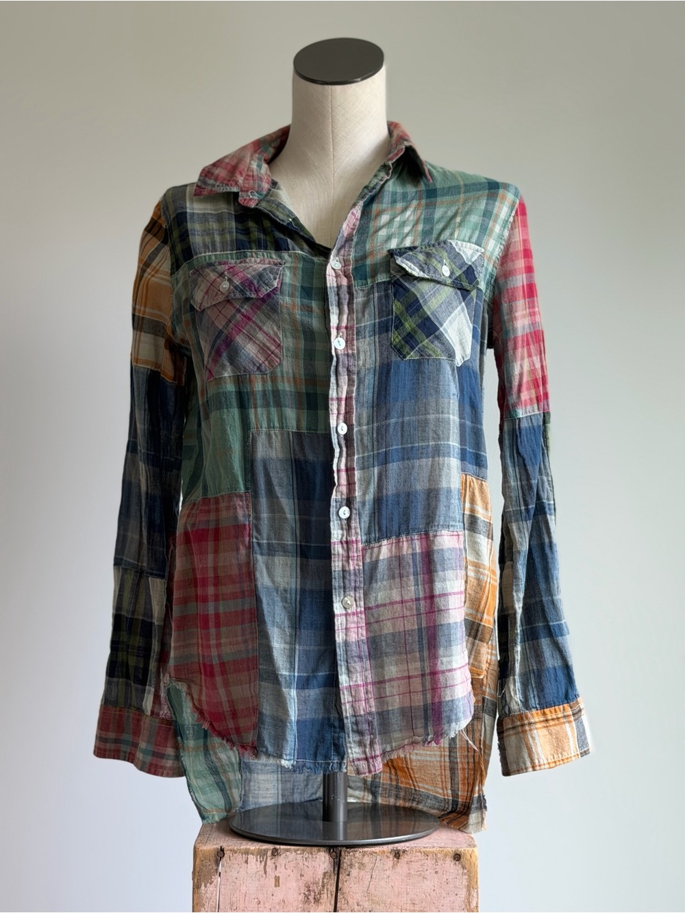 Free People Patchwork Plaid Button-Down Shirt in Blue, Green, Pink, Tan